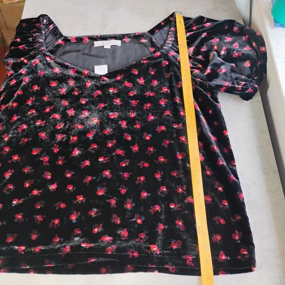 LOFT Floral Velvet Puff Sleeve Top Womens XL Black Red Romantic Peasant Gothic‎